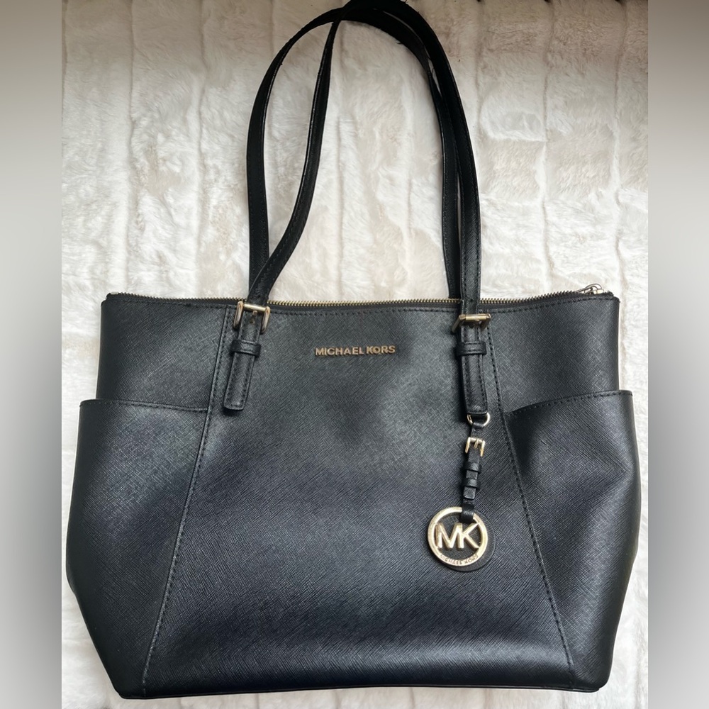 Michael Kors Black Leather Purse Tote with Gold Accents